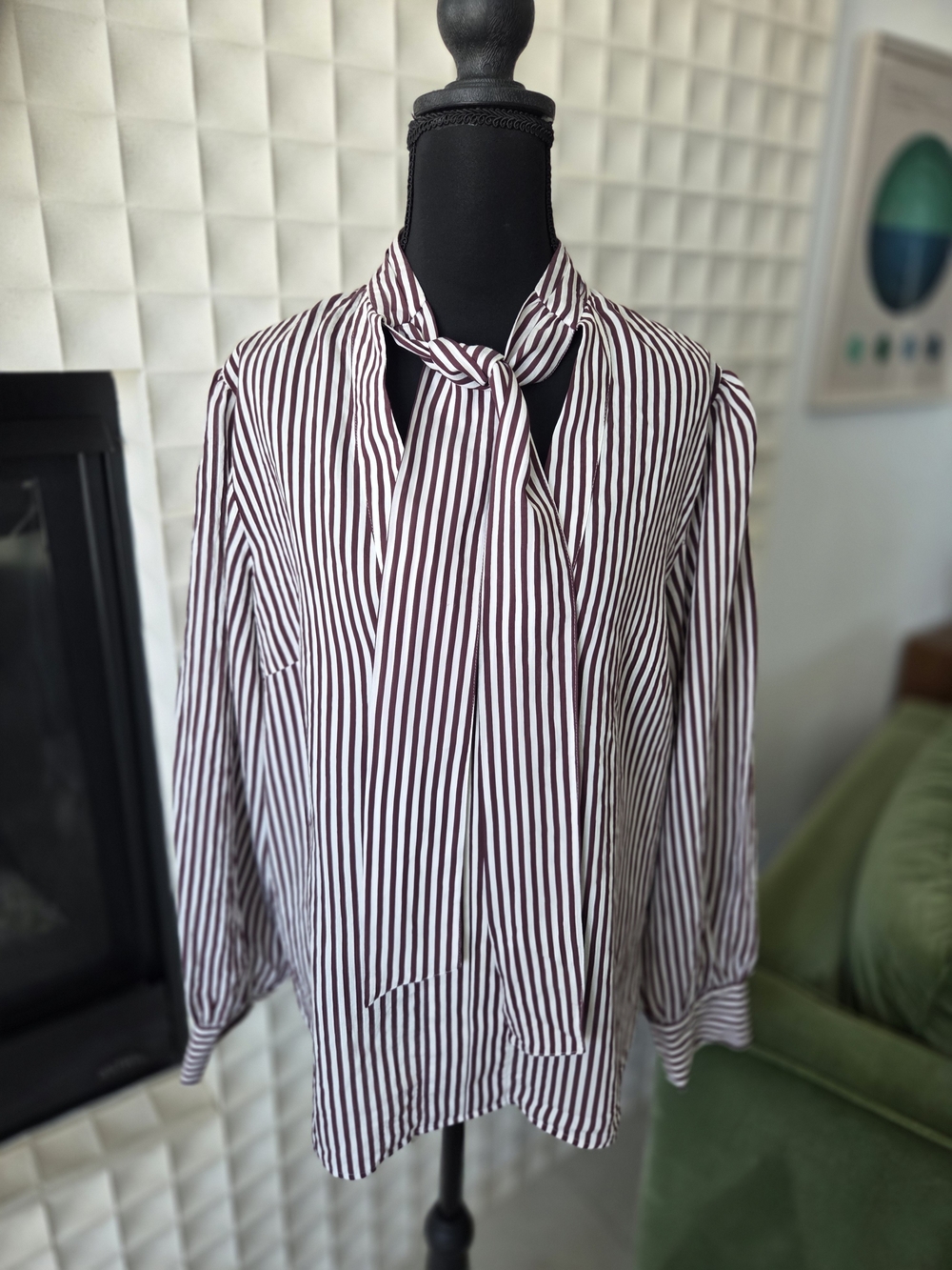 Maeve Anthropologie Tie-Neck Blouse Maroon Brown & White Vertical Stripes Large - Picture 6 of 11
